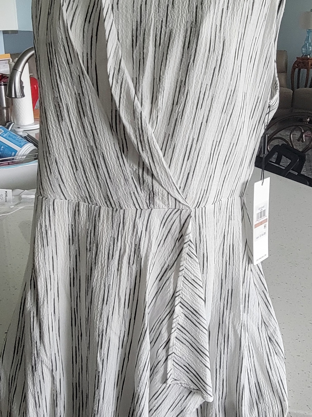 Calvin Klein Striped Faux Wrap Midi Dress White & Black Size 12 NWT